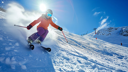 A young woman skiing down the mountain. Photorealistic, background with bokeh effect. AI generated.の素材