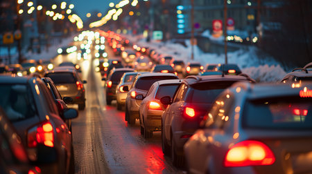 Traffic jams on the road in winter, winter holidays. Photorealistic, background with bokeh effect. AI generated.の素材
