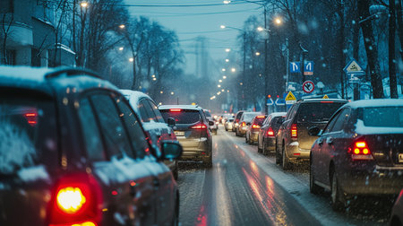 Traffic jams on the road in winter, winter holidays. Photorealistic, background with bokeh effect. AI generated.の素材