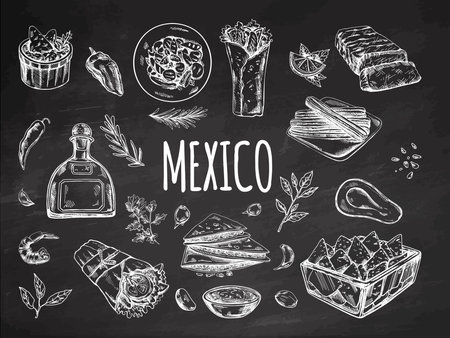 Hand-drawn set of realistic Mexican dishes and products on chalkboard background. Vintage sketch drawings of Latin American cuisine. Vector ink illustration. Mexican culture. Latin America.のイラスト素材