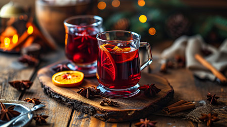 Mulled wine in beautiful glasses, fruits, oranges, cinnamon, a festive and cozy atmosphere. Photorealistic, background with bokeh effect. AI generated.の素材