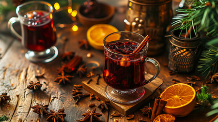 Mulled wine in beautiful glasses, fruits, oranges, cinnamon, a festive and cozy atmosphere. Photorealistic, background with bokeh effect. AI generated.の素材