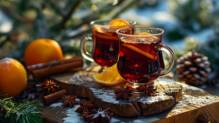 Mulled wine in beautiful glasses, fruits, oranges, cinnamon, a festive and cozy atmosphere. Photorealistic, background with bokeh effect. AI generated.の素材