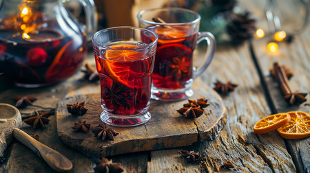 Mulled wine in beautiful glasses, fruits, oranges, cinnamon, a festive and cozy atmosphere. Photorealistic, background with bokeh effect. AI generated.の素材