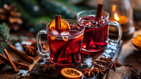 Mulled wine in beautiful glasses, fruits, oranges, cinnamon, a festive and cozy atmosphere. Photorealistic, background with bokeh effect. AI generated.の素材