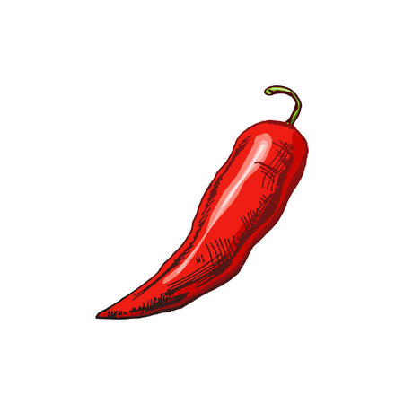 Organic food. Hand drawn colored vector sketch of chilli pepper. Doodle vintage illustration. Decorations for the menu of cafes and labels. Engraved image.のイラスト素材