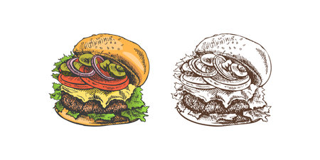 Hand-drawn colored and monochrome sketches of great delicious sandwiches, burgers, hamburgers isolated on white background. Fast food vintage illustration. Great for menu, poster or restaurant.のイラスト素材