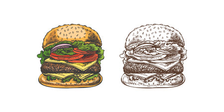 Hand-drawn colored and monochrome sketches of great delicious sandwiches, burgers, hamburgers isolated on white background. Fast food vintage illustration. Great for menu, poster or restaurant.のイラスト素材