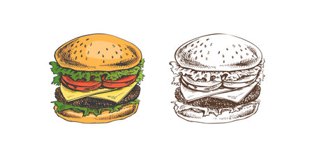 Hand-drawn colored and monochrome sketches of great delicious sandwiches, burgers, hamburgers isolated on white background. Fast food vintage illustration. Great for menu, poster or restaurant.のイラスト素材