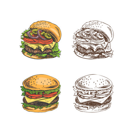 Hand-drawn colored and monochrome sketches of great delicious sandwiches, burgers, hamburgers isolated on white background. Fast food vintage illustration. Great for menu, poster or restaurant.のイラスト素材