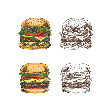 Hand-drawn colored and monochrome sketches of great delicious sandwiches, burgers, hamburgers isolated on white background. Fast food vintage illustration. Great for menu, poster or restaurant.のイラスト素材