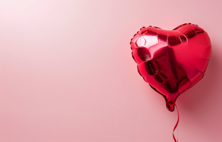 A red shiny balloon in the shape of a heart on a pink background. Holiday, Valentine's day, love. Photorealistic, background with bokeh effect. AI generated.の素材