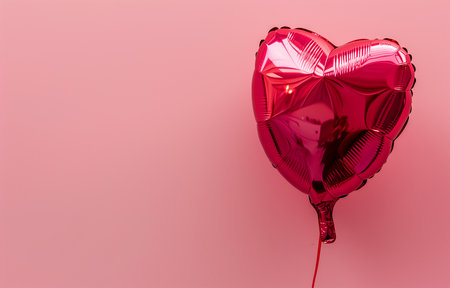 A red shiny balloon in the shape of a heart on a pink background. Holiday, Valentine's day, love. Photorealistic, background with bokeh effect. AI generated.の素材