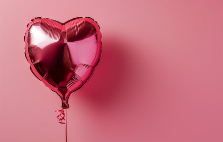 A red shiny balloon in the shape of a heart on a pink background. Holiday, Valentine's day, love. Photorealistic, background with bokeh effect. AI generated.の素材