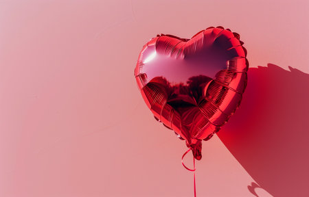 A red shiny balloon in the shape of a heart on a pink background. Holiday, Valentine's day, love. Photorealistic, background with bokeh effect. AI generated.の素材