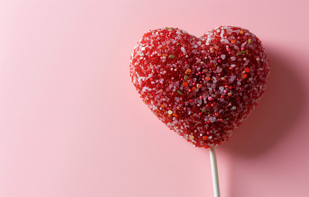 Red lollipop on a stick in the shape of a heart on a pink background. Holiday, Valentine's day, love. Photorealistic, background with bokeh effect. AI generated.の素材