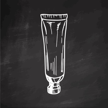 Hand-drawn tube of cream, beauty cosmetic element, self care on chalkboard background. Illustration for beauty salon, cosmetic store, makeup design. Doodle sketch style.のイラスト素材