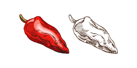 Organic food. Hand-drawn colored and monochrome vector sketch of bell pepper. Doodle vintage illustration. Decorations for the menu of cafes and labels. Engraved image.のイラスト素材