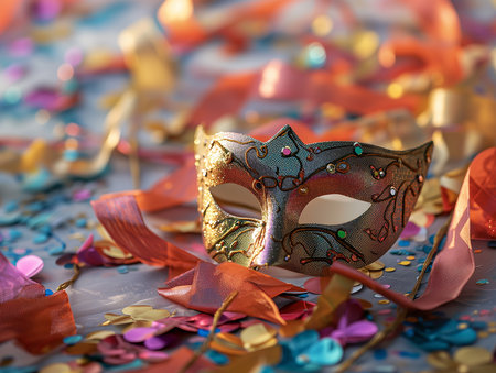 Beautiful carnival mask on bright shiny colored background, tinsel, sequins, holiday, confetti. New Year's holidays, carnival, birthday. Photorealistic, background with bokeh effect. AI generated.の素材