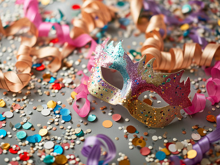 Beautiful carnival mask on bright shiny colored background, tinsel, sequins, holiday, confetti. New Year's holidays, carnival, birthday. Photorealistic, background with bokeh effect. AI generated.の素材