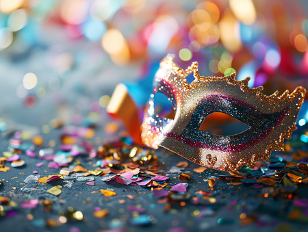 Beautiful carnival mask on bright shiny colored background, tinsel, sequins, holiday, confetti. New Year's holidays, carnival, birthday. Photorealistic, background with bokeh effect. AI generated.の素材