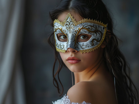 A young beautiful Latin American woman in a carnival mask. New Year's holidays, carnival, birthday, Venice. Photorealistic, background with bokeh effect. AI generated.の素材