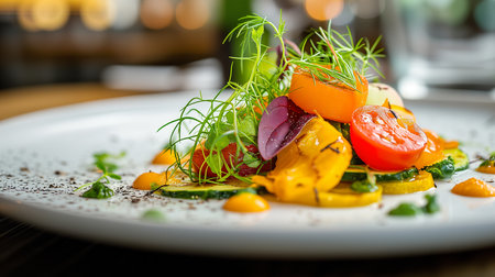 Vegetarian dish in the style of a gourmet restaurant, close-up on a beautiful plate. Photorealistic, background with bokeh effect. AI generated.の素材