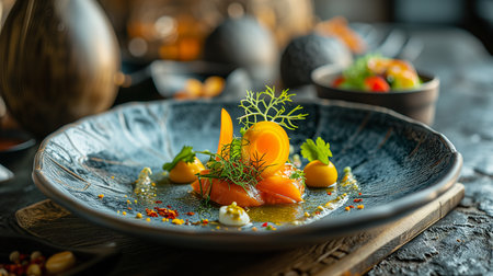 Vegetarian dish in the style of a gourmet restaurant, close-up on a beautiful plate. Photorealistic, background with bokeh effect. AI generated.の素材