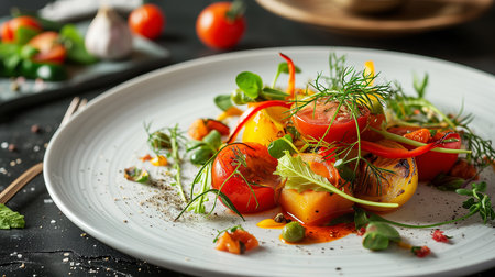 Vegetarian dish in the style of a gourmet restaurant, close-up on a beautiful plate. Photorealistic, background with bokeh effect. AI generated.の素材