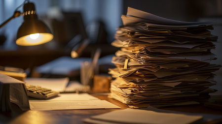 A large stack of documents on the office desk. Evening lighting, overtime concept, workload. Photorealistic, background with bokeh effect. AI generated.の素材