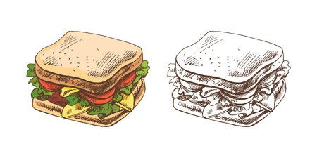 Hand-drawn colored and monochrome vector sketch of a piece of sandwich with vegetables, cheese, meat. Doodle vintage illustration. Decorations for the menu of cafes and labels. Engraved image.のイラスト素材