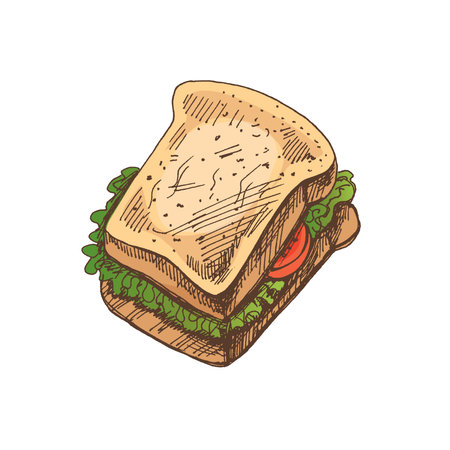 Hand-drawn colored vector sketch of a piece of sandwich with vegetables, cheese, meat. Doodle vintage illustration. Decorations for the menu of cafes and labels. Engraved image.のイラスト素材