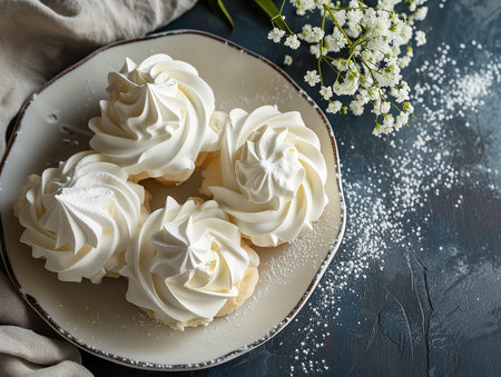 Dessert with meringue, cake, pie decorated with meringue and flowers. Top view, a place to copy. Photorealistic. AI generated.の素材