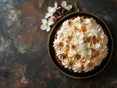 Dessert with meringue, cake, pie decorated with meringue and flowers. Top view, a place to copy. Photorealistic. AI generated.の素材