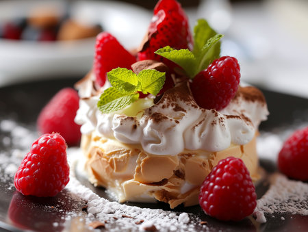 Meringue Pie tartlet with mint and berries. Desserts for tea treat. Food illustration. Photorealistic. AI generated.の素材