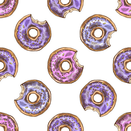 Colored seamless pattern of donuts. Hand drawn donut sketch. Vintage illustration. Pastry sweets, dessert. Element for the design of labels, packaging.のイラスト素材