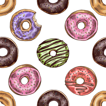 Colored seamless pattern of donuts. Hand drawn donut sketch. Vintage illustration. Pastry sweets, dessert. Element for the design of labels, packaging and postcards.のイラスト素材