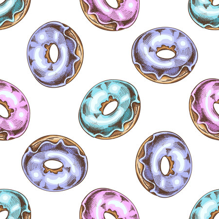 Colored seamless pattern of donuts. Hand drawn donut sketch. Vintage illustration. Pastry sweets, dessert. Element for the design of labels, packaging.のイラスト素材