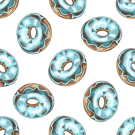 Colored seamless pattern of donuts. Hand drawn donut sketch. Vintage illustration. Pastry sweets, dessert. Element for the design of labels, packaging.のイラスト素材