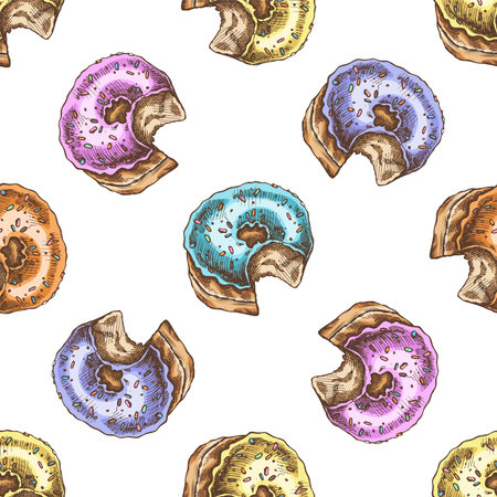 Colored seamless pattern of donuts. Hand drawn donut sketch. Vintage illustration. Pastry sweets, dessert. Element for the design of labels, packaging.のイラスト素材