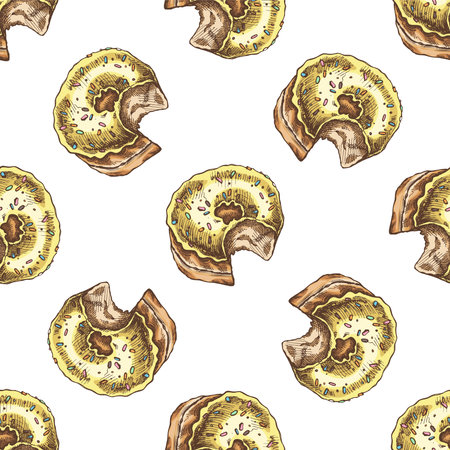 Colored seamless pattern of donuts. Hand drawn donut sketch. Vintage illustration. Pastry sweets, dessert. Element for the design of labels, packaging.のイラスト素材