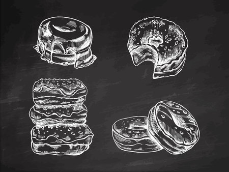 A set of hand-drawn sketches of donuts isolated on chalkboard background. vintage illustration. Pastry sweets, dessert. Element for the design of labels, packaging and postcards.のイラスト素材
