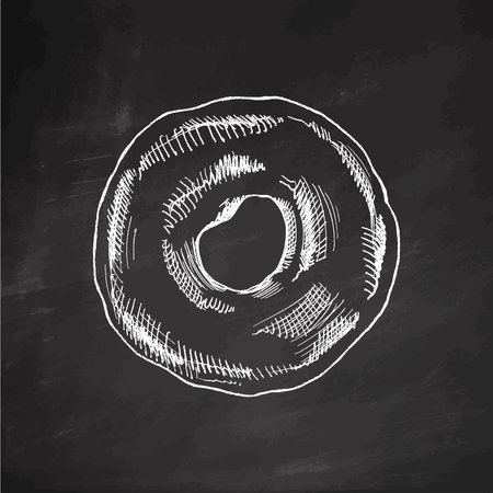 A hand-drawn sketch of donut. Vintage illustration on chalkboard background. Pastry sweets, dessert. Element for the design of labels, packaging and postcards.のイラスト素材