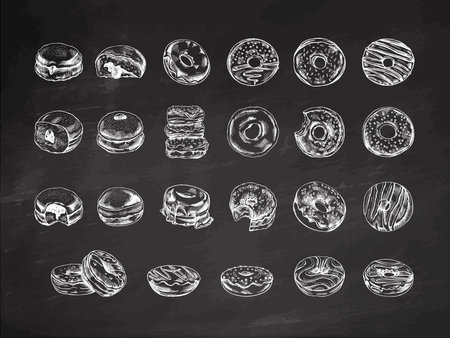 A set of hand-drawn sketches of donuts isolated on chalkboard background. vintage illustration. Pastry sweets, dessert. Element for the design of labels, packaging and postcards.のイラスト素材