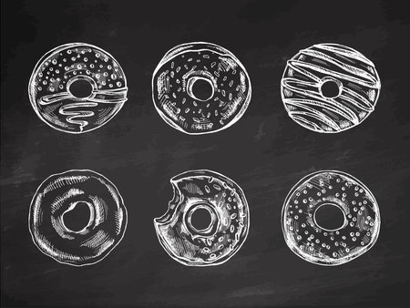 A hand-drawn sketch of a set of donuts. Top view. Vintage illustration on chalkboard background. Pastry sweets, dessert. Element for the design of labels, packaging and postcards.のイラスト素材