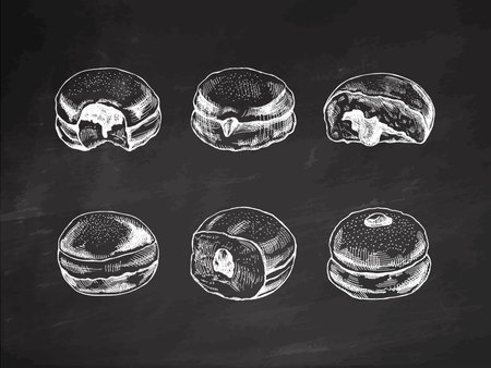 A set of hand-drawn sketches of a traditional German or Polish donut with jam, dusted. Vintage illustration isolated on chalkboard background. Pastry sweets, dessert. Element for the design of labels, packaging and postcards.のイラスト素材