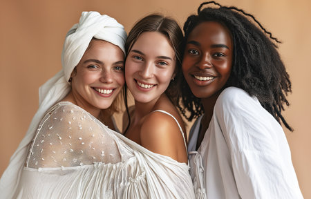 Women of different nationalities and races in white clothes together on a monochrome beige background. Diversity concept. Photorealistic. AI generated.の素材