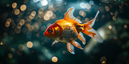 Goldfish swimming in the water, close up view, copy space. Photorealistic nature background with bokeh effect. AI generated.の素材