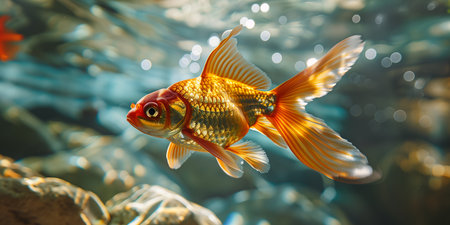 Goldfish swimming in the water, close up view, copy space. Photorealistic nature background with bokeh effect. AI generated.の素材
