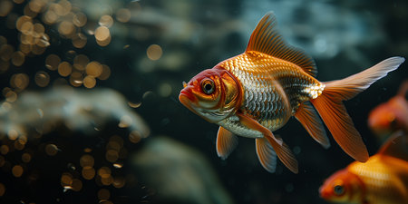 Goldfish swimming in the water, close up view, copy space. Photorealistic nature background with bokeh effect. AI generated.の素材